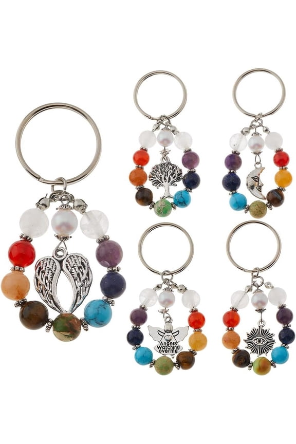 5Pcs Charm Keychain Natural Stone Keychain Handmade DIY Gemstone Bead Keychains with Tibetan Alloy Charm DIY