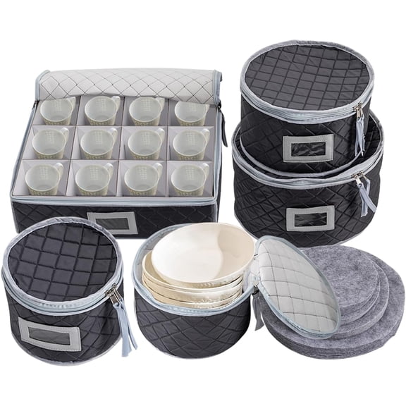5Pcs China Containers, Cutlery Bags China Storage Case for Plates, Platters, Mugs, Hard Shell with Felt Dividers, Stackable Storage (Grey)