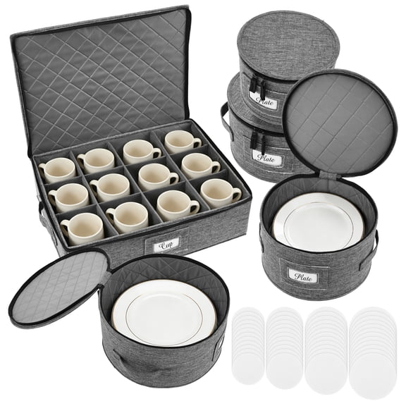 5Pcs China Storage Containers with Divider Rectangle and 4 Cylindrical Hard Shell Crockery Storage Bag with Label for Tableware Cup Dinner Plate