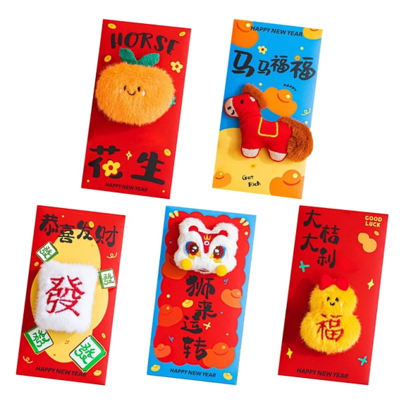 5Pcs Chinese New Year Red Envelopes, Chinese Traditional Lucky Money Hong Bao Horse Plush Red Envelope Pockets for 2026 Spring Festival, Lunar New Year Gifts Red Envelope