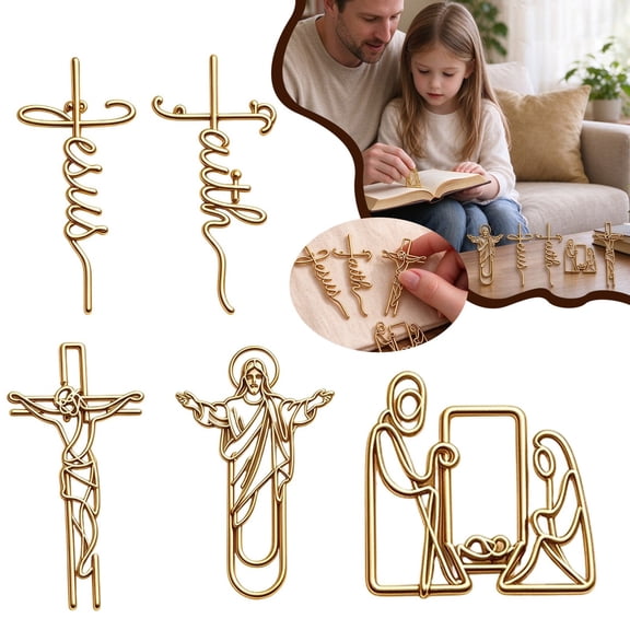 5Pcs Christian Metal Paperclip Bookmarks, Cross Nativity Wire Art Book Markers, Golden Book Clips, Decorative Page Markers for Notebook, Journal, Office Stationery, Xmas Gift