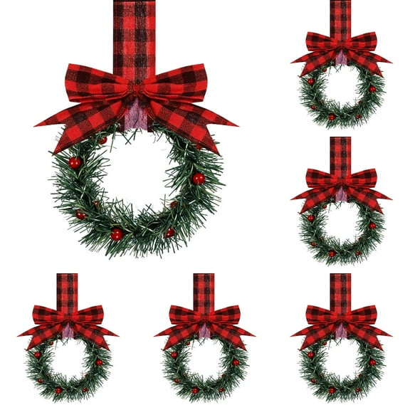5Pcs Christmas Cabinet Wreath Ornament, Red Checkered Pattern, Red Berry Wreath