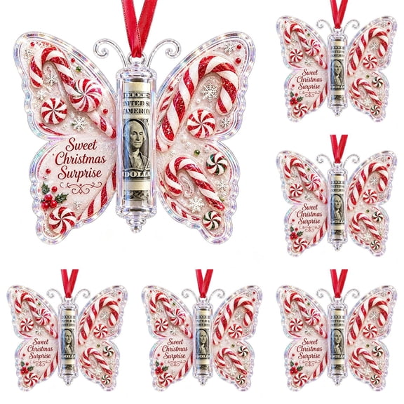 5Pcs Christmas Cash Gift Butterfly Ornament, Holiday Money Holder Keepsake Butterfly Christmas Money Gift Ornament, Acrylic Money Holder Christmas Tree Hanging, Rolled Bill Cash Gift Holder