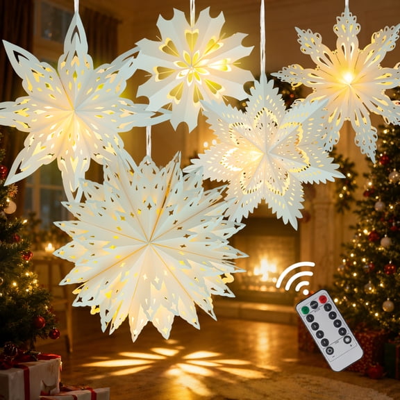 5Pcs Christmas Paper Snowflake Lanterns, Large Christmas Paper Star Lanterns with Lights & Banner White Hanging Snowflake Lamps for Xmas Winter Frozen Weddings Birthday Holiday Party Decorations