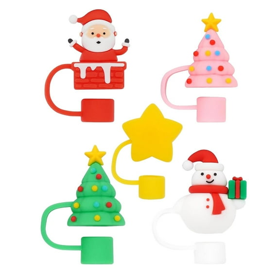 5Pcs Christmas Red Straw Cover Cap for Cup Tumbler, Reusable Cute Drinking Straw Topper Accessories, Portable Protector Plugs Decorations Gifts for Party Christmas