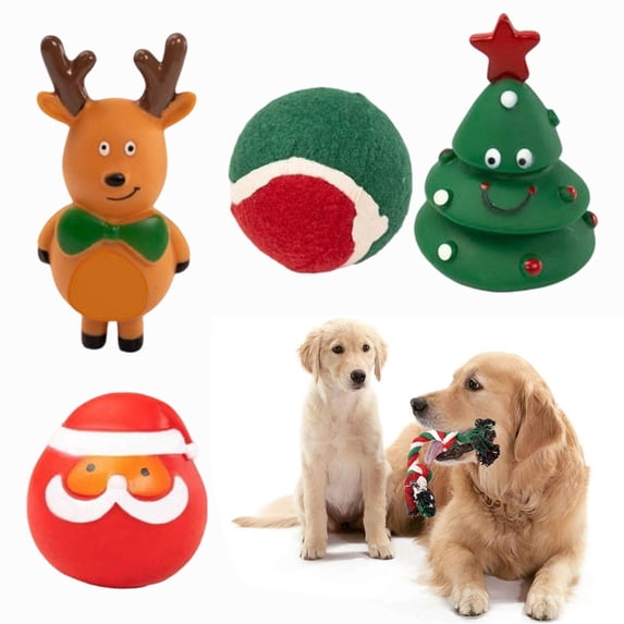 5Pcs Christmas Small Dog Toys Set-Xmas Holiday Squeaky Dog Toy Ball and Rope Dogs Toy Set -Funny Interactive Puppy Chew Toys with Christmas Tree Santa Claus and Reindeer Designs
