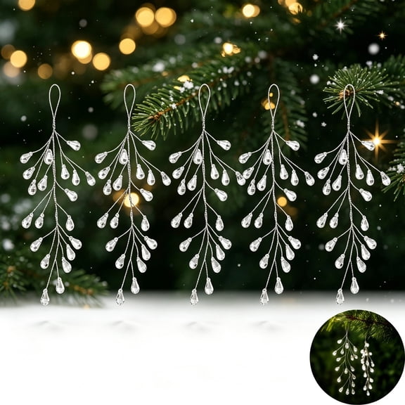 5Pcs Christmas Tree Hanging Crystal Ornaments, Sparkling Clear Acrylic Teardrop Branches, Pearl Bead Garland for Xmas Decor, Winter Wonderland & Wedding Party Supplies