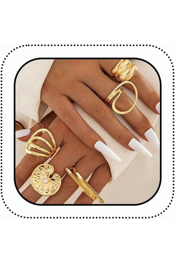 5Pcs Chunky Gold Rings Stackable for Women Trendy, Dainty Stacking Disc Circle Open Knuckle Ring Set Unique Thick Line Irregular Geometric Jewelry Gift