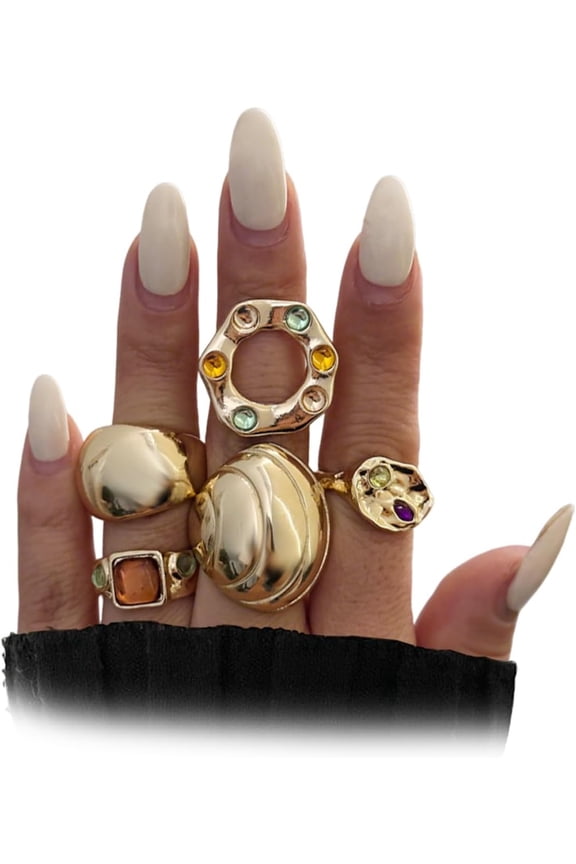 5Pcs Chunky Gold Rings for Women,Stackable Large Dome Knuckle Rings,Thick Gold Crystal Finger Rings Set Trendy Jewelry