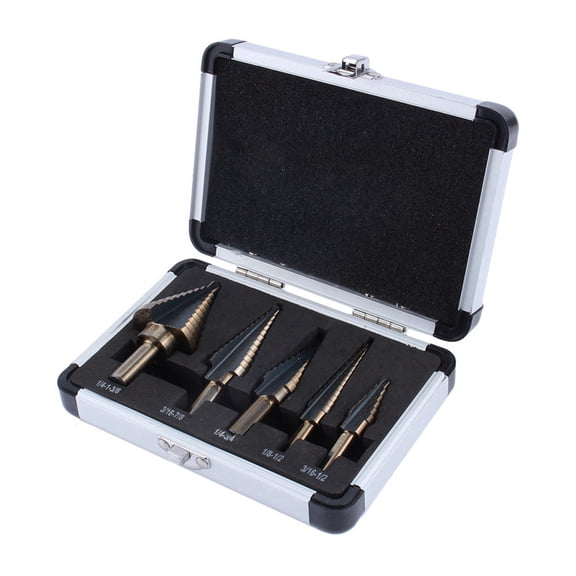 5Pcs Cobalt Step Drill Bit Set HSS Cone Cutter Hole Tool with Aluminum Case 1/4 to 1-3/8 Inch / 0.64 to 3.49 cm