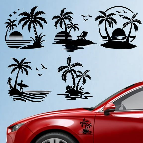 5Pcs Coconut Tree Car Sticker 6.1x5.83 inch Beach Scene Vinyl Car Decals Ocean Sunset Plastic Vehicle Decoration Decal for Auto Window and Body Cling diy