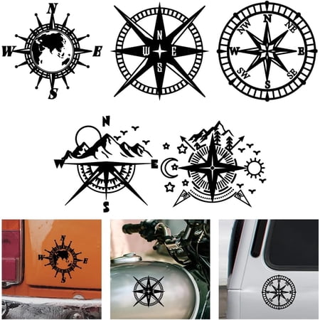 5Pcs Compass Mountain Vinyl Car Sticker Off Road Decal Stickers for Vehicle Decor Compass Car Decals Waterproof Self-Adhesive Vinyl Stickers for Truck Car Hood Window Door Motorcycle Luggage