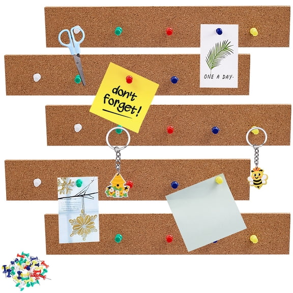 5Pcs Cork Board Bar Strips Self-Adhesive Felt Bulletin Board Sticky Notes Rectangle with 40Pcs Iron Map Pins for Memo Notepads Photos Notes