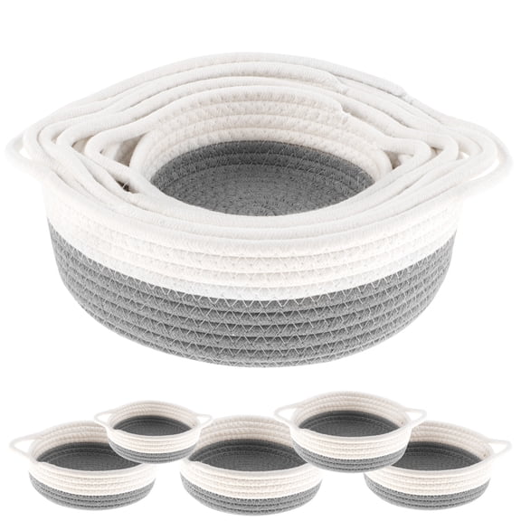 5Pcs Cotton Rope Basket Set Handmade Woven Organizer Bin 5 Sizes Round Woven Storage Basket Set with Handle Multipurpose Toy Hamper Organizer for Living Room Bedroom Kitchen Bathroom