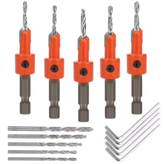 5Pcs Counter Sink Tapered Drill Bits 1/4" Hex Shank Quick Change For Woodworking