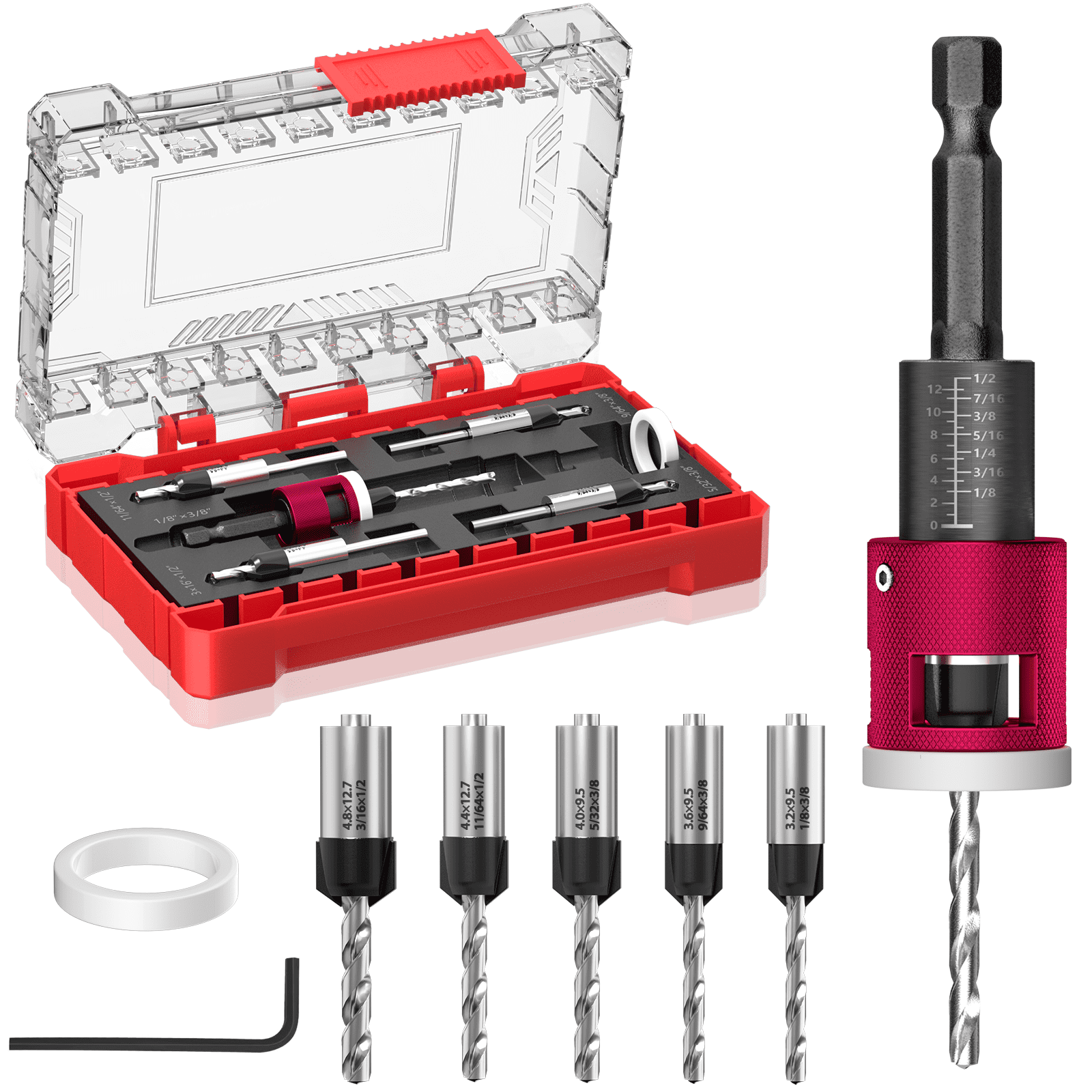 5Pcs Countersink Drill Bit Set with Adjustable Depth Stop, 1/4" Hex Shank Quick Change Drilling Tool Kit, 82° Woodworking Chamfer Bits for Wood, Plywood, MDF, Plastic