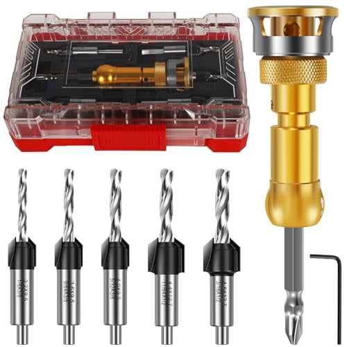 5Pcs Countersink Drill Bit Set with Depth Stop, HCS Countersink Bits Tapered Head 1/8" 9/64" 5/32" Drill + 3/8" Counter Bore, 11/64" 3/16" Drill + 1/2" Counter Bore, 1/4" Hex Shank for Woodworking