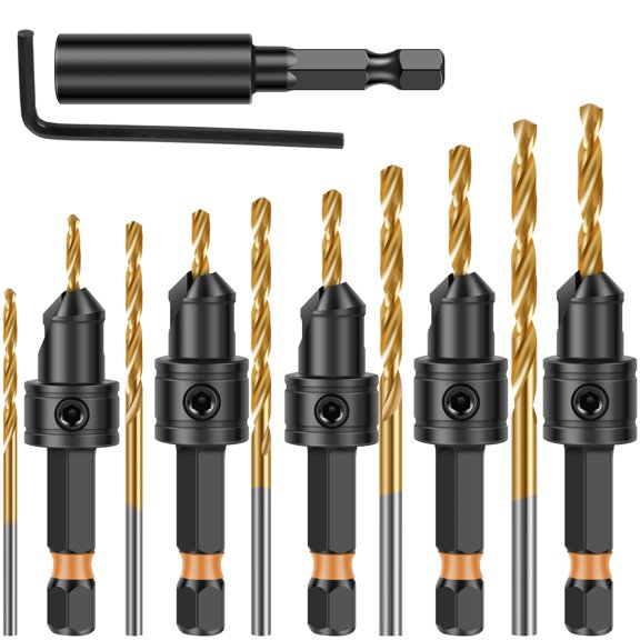 5Pcs Countersink Drill Bit Set High Speed Steel Counter Sink Drill Bit with 1/4 Inch Hex Shank #4 #6 #8 #10 #12 for Wood Plastic Soft Metal