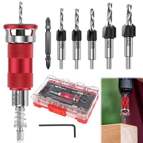 TMWEFUSC Woodworking Countersink Bit Set with Aluminum Alloy Stop Collar, 5 Sizes