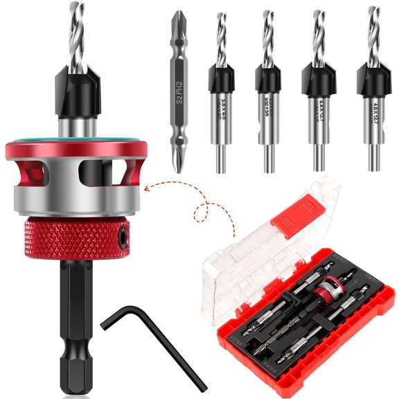 5Pcs Countersink Drill Bit Set with Adjustable Depth Stop 1/4 Inch Hex Shank 82 Degree Woodworking Counter Sink Drill Bit for Wood Plywood MDF