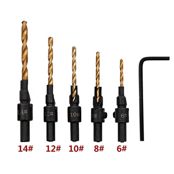 5Pcs Countersink Drill Set, HSS 4241 Steel with Adjustable Depth Stop, 1/4 Hex Shank for Wood Screws #5-#14, Includes Wrench(6-14)