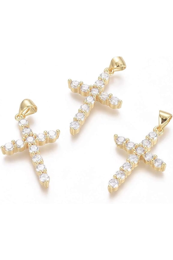 5Pcs Cross Pendants Brass Micro Pave Clear Cubic Zirconia Pendants Golden for Women Birthday Festival Elegant Gifts Personalized Jewelry 26.5x17.5x3.5mm Hole: 3.5x4.5mm