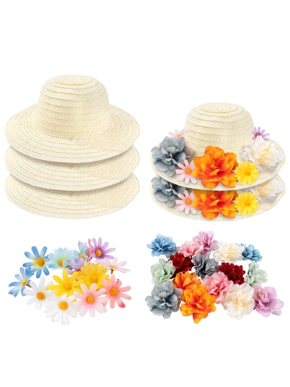 5Pcs DIY Straw Hats with 30 Pcs Silk Flowers for DIY Birthday Decoration Dress Up
