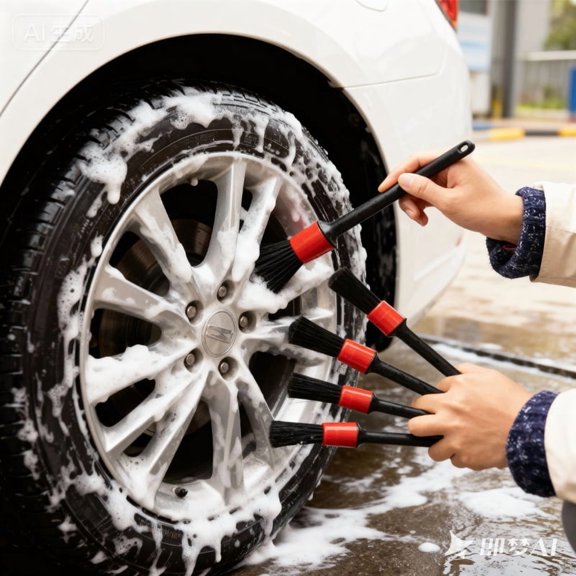 5Pcs Detailing Brush Set - Sizes Premium Natural Boar Hair Mixed Fiber Plastic Handle Automotive Detail Brushes for Cleaning Wheels, Engine, Interior, Air Vents, Car, Motorcy