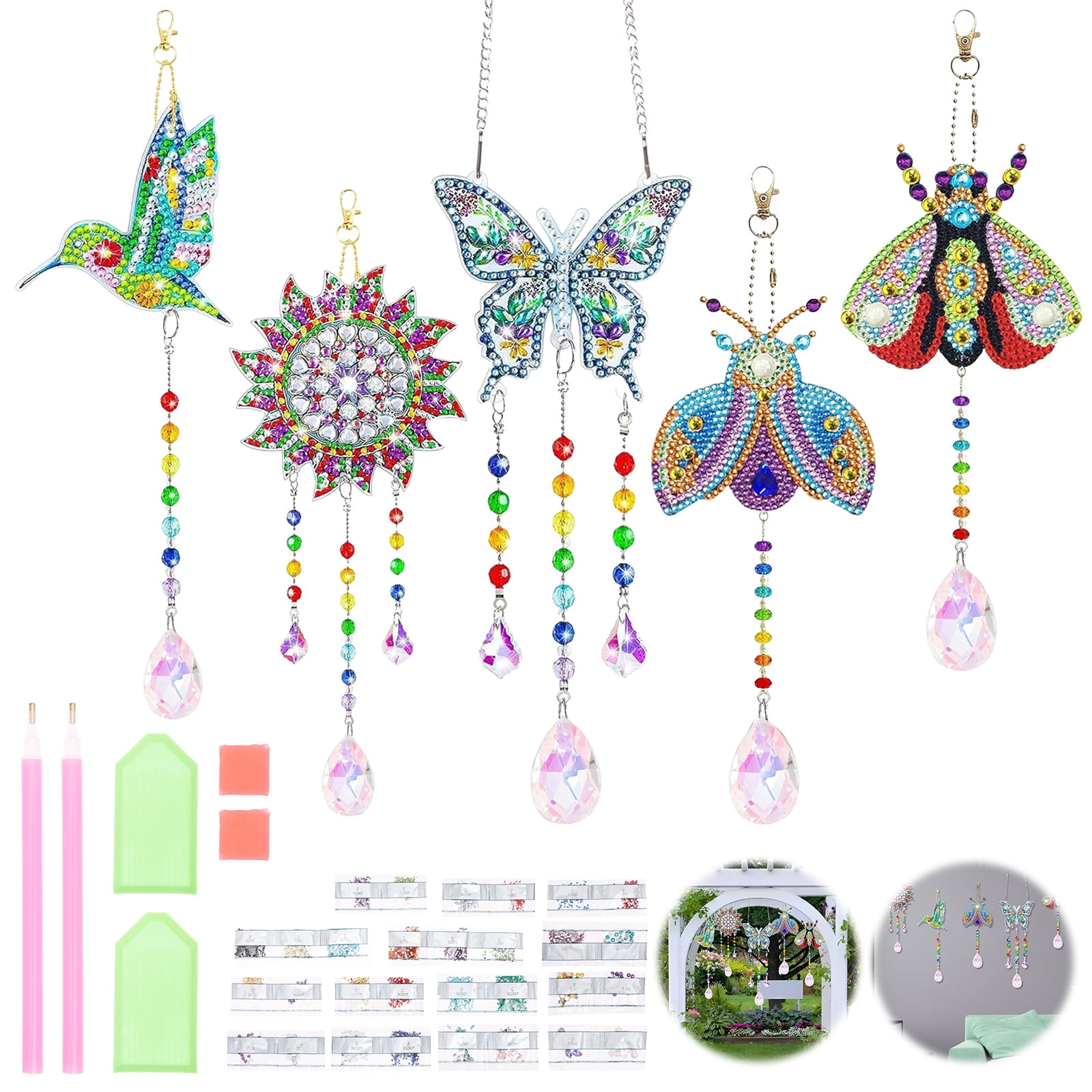 5Pcs Diamond art Kits for Kids/Adults, Crafts for Kids Ages 8-12, DIY Diamond Painting art Wind Chimes Crystal Window Suncatcher Craft, Birthday Gifts for 7 8 9 10 12 Year Old Girls