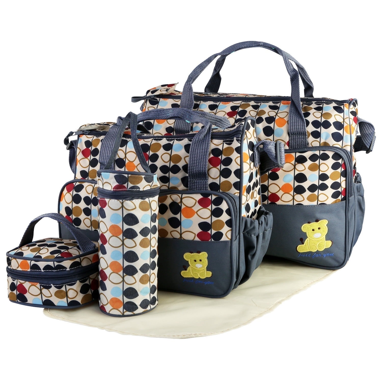 Baby Diaper Bag 5 Pcs Toddler Diaper Bag Tote Multifunction Portable Baby Bag for Boys and Girls Grey
