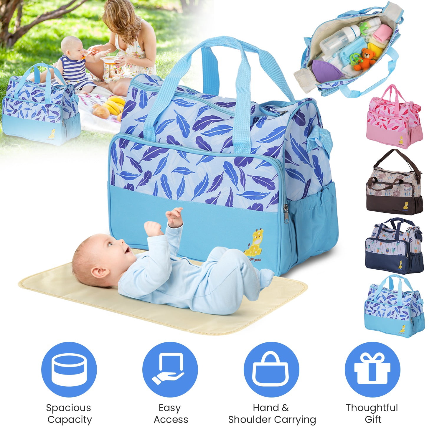 5Pcs Diaper Bag Tote Portable Baby Bag with Food Bag Diaper Pad Bottle Bag Travel Tote Bags for Boys and Girls Blue