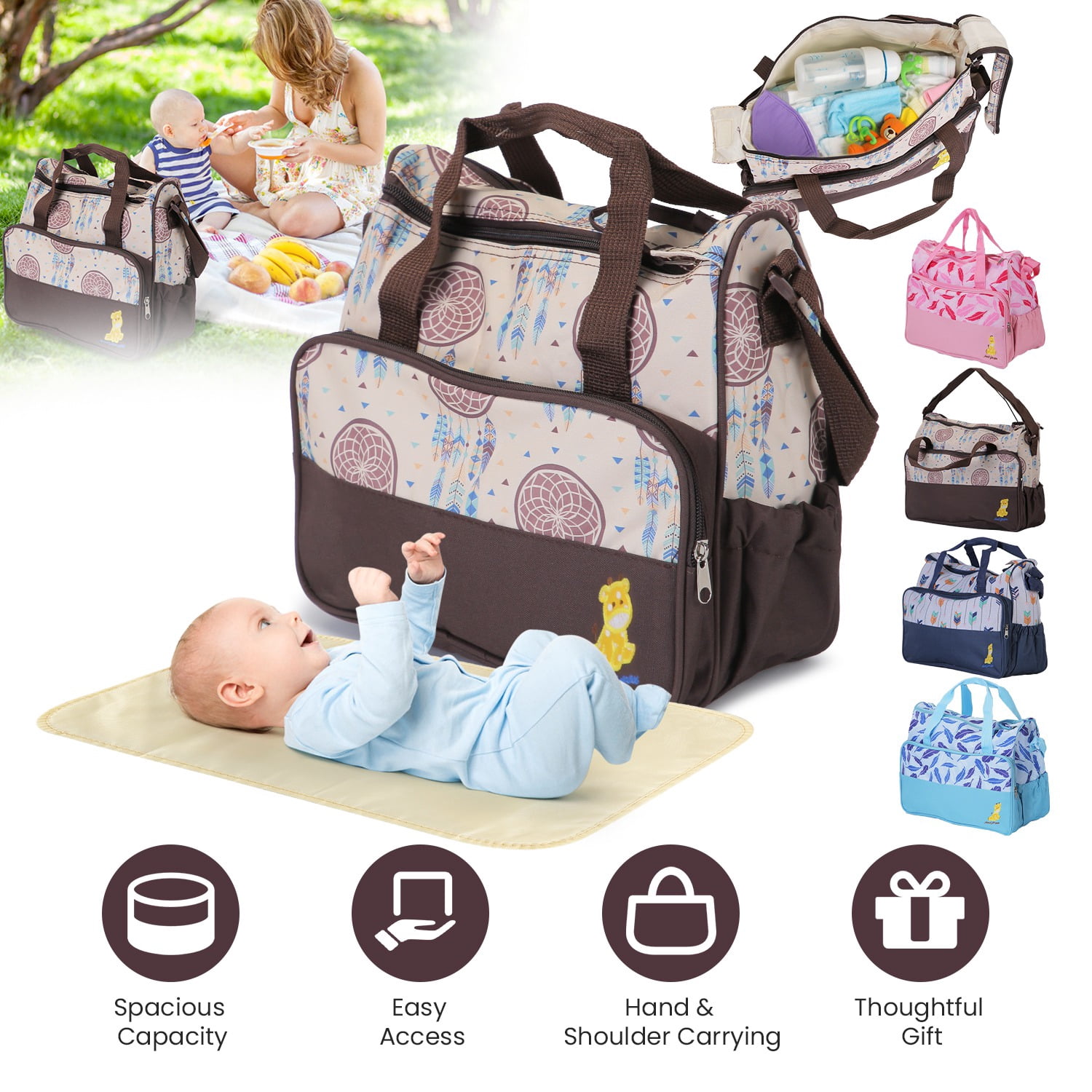 5Pcs Diaper Bag Tote Portable Baby Bag with Food Bag Diaper Pad Bottle Bag Travel Tote Bags for Boys and Girls Coffee