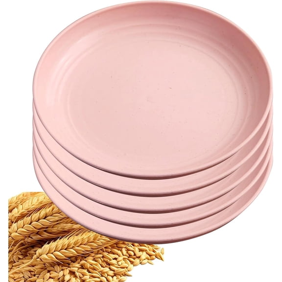 5Pcs Dinner Plates Wheats Straw Plates Set Unbreakable Reusable,Lightweight,Smooth Edge Plate Dishwasher & Microwave Safe (Pink,8 inch)