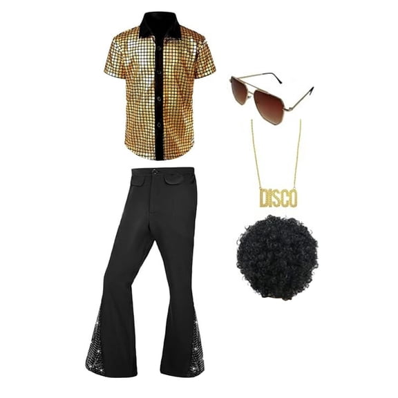 5Pcs Disco Outfit, 70s Outfits for Men, 70s Party Costume, Mens 70's Disco Outfit Retro 70s Mens Costume for Adults Perfect 70's Theme Clothes for Parties-Top +Pants+Wig+Sunglasses+Necklace, 3XL