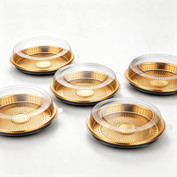 5Pcs Disposable Pie Carrier with Clear Lid,9.8 x 2.16 Inch Gold Plastic Round Food Container,Reusable Bakeware Tray for Baking Dessert, Fruit and Pizza