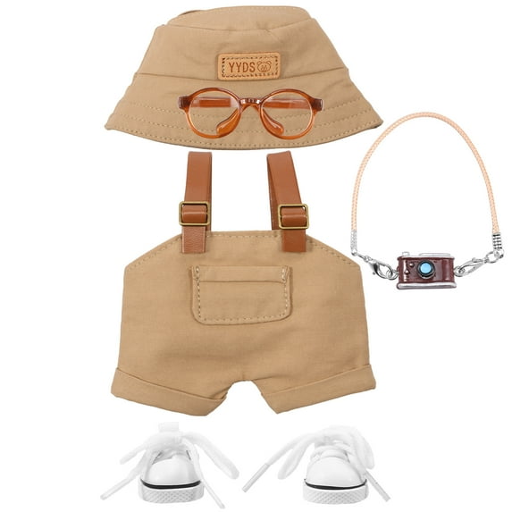 5Pcs Doll Clothes Outfit Set Include Overall Hat Shoes Glasses Camera for 15cm and 17cm Doll Exquisite Clothing Set Christmas Present