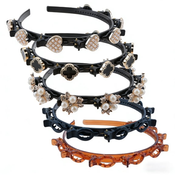 5Pcs Double Bangs Hairstyle Hairpin, Double Layer Twist Plait with Rhinestone, Korean Braided Headbands with Clips Woven Flower, Hair Accessories for Women Girls, Women's Day