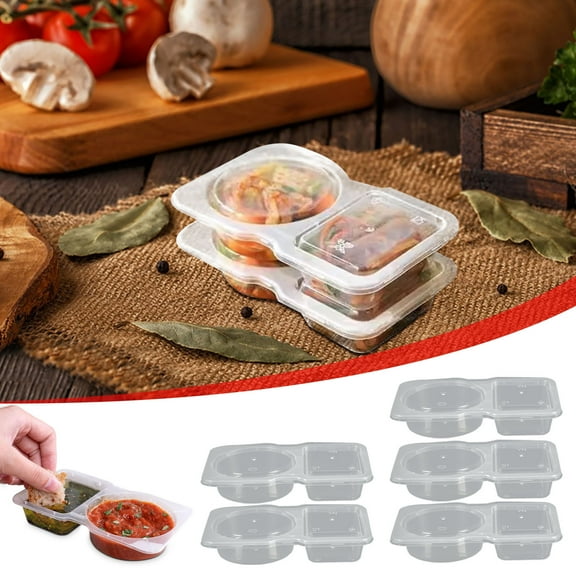 5Pcs Double Compartment Condiment Container Set with Lids,2-Compartment Snack Containers for Sauces,Salad Dressings and Desserts,Reusable,Great for Restaurant Takeout,Travel,School and Home Use