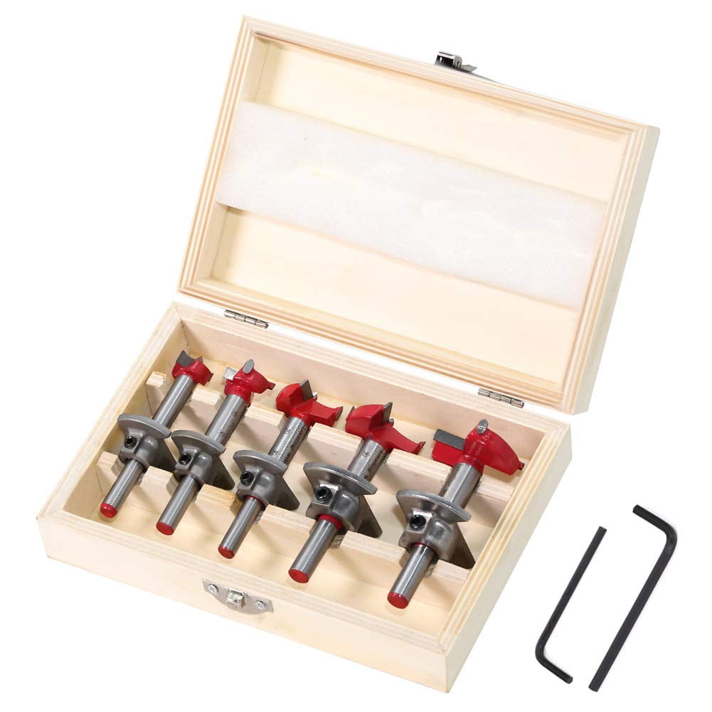 5Pcs Drill Bit Set Adjustable Positioning Woodworking Hinge Hole Drilling Boring Bit Wood Auger Cutter Hexagon Wrench (15/20/25/30/35mm)