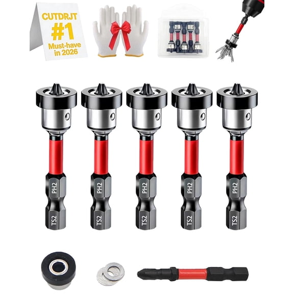 5Pcs Drywall Bit Attachment with Depth Stop, PH2 Magnetic Drywall Screwdriver Bits, Impact-Resistant Gypsum Board Screwdriver Bits, S2 Steel Hex Shank for Sheetrock and Plasterboard (5Pcs)