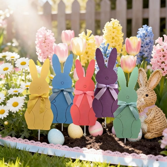 5Pcs Easter Bunny Yard Stakes with Bow Colorful Plastic Garden Signs for Spring Outdoor Lawn Patio Flower Bed Decorations