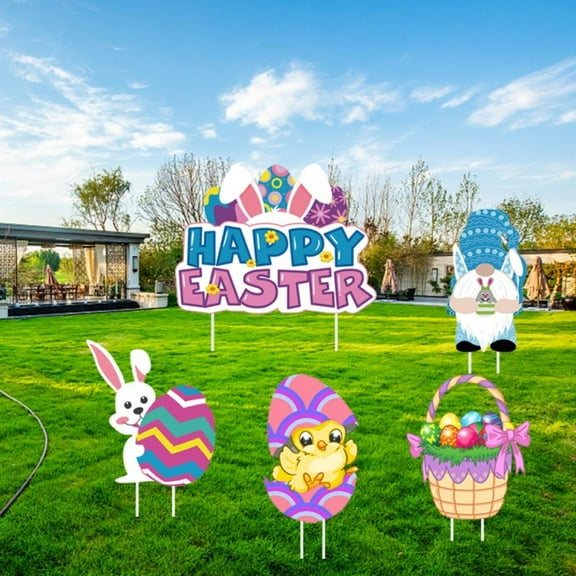 5Pcs Happy Easter Yard Signs with Stakes Easter Yard Sign Easter Outdoor Lawn Decorations with Stakes Easter Rabbit Eggs Yard Sign for Easter Party Yard Decor