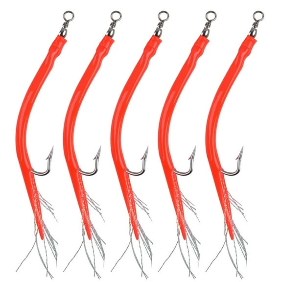 5Pcs Eel Fishing Hooks Striped Bass Tube Luminous Eel Lures Long Shank Offset Fish Hook Offshore Bass Cod Teaser Fishing Bait Red 10