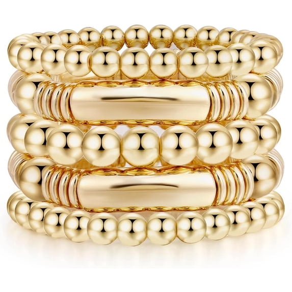5Pcs Elegant 14K Golden Plated Bead Ball Bracelets, Adjustable Stacking Boho Simple Style Fashion Accessories, Daily & Gift Wear Jewelry