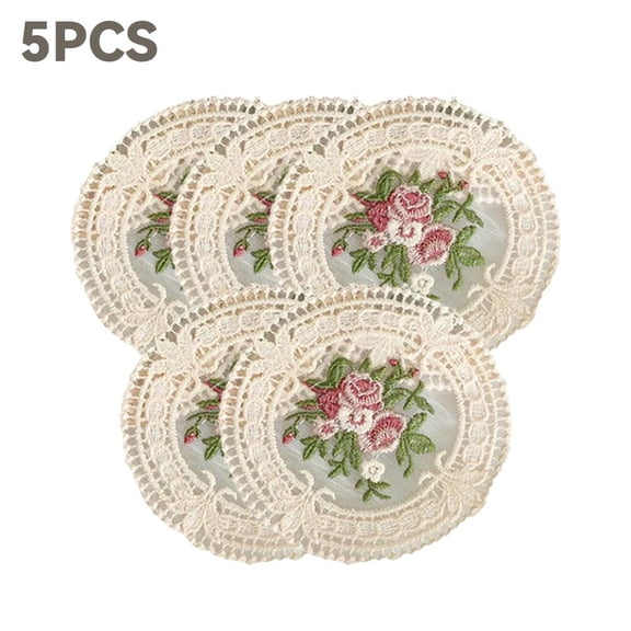5Pcs Embroidered Lace Coasters Set Elegant Floral Doilies For Table Decoration Premium Fabric Placemats For Dining Tea Party Home Decor Gift