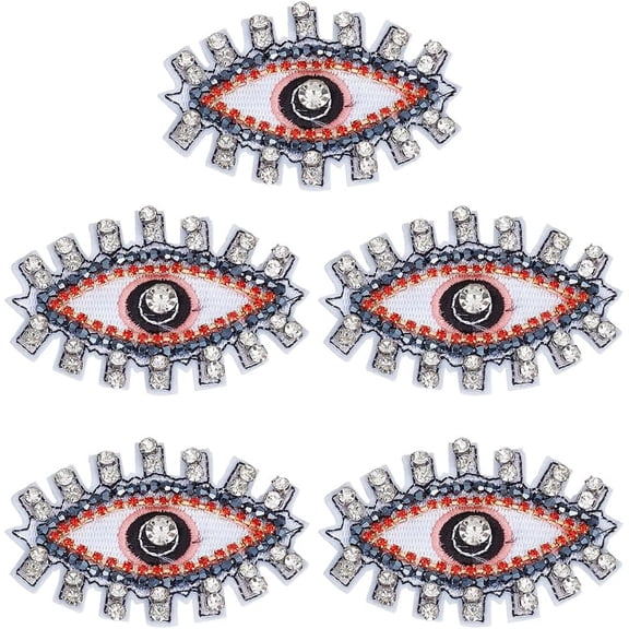 5Pcs Evil Eye Cloth Embroidered Appliques Rhinestone & Plastic Beading Ornament Accessories Sewing Craft Decoration Red 82x52x7mm