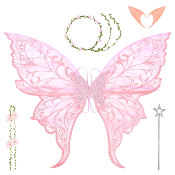 5Pcs Fairy Wings for Adults, Fairy Butterfly Costume Set with Elf Ear Flower Wreath Headband Star Wand Wrist Wreath, Fairy Costume Accessory for Party, Cosplay