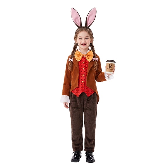 5Pcs Fairytale Rabbit Role Play, Tea Time March Hare Costume |Rabbit Outfit | Bunny Complete Attire for Themed Parties and Events-Shirt+Jacket+Pants+Tie+Headwear, 140