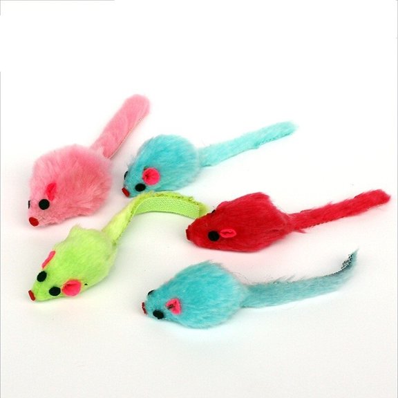 5Pcs Feather Tail Squeaky Plush Mouse Cat Toy, Simulation Mice Kitten Interactive Play Toy