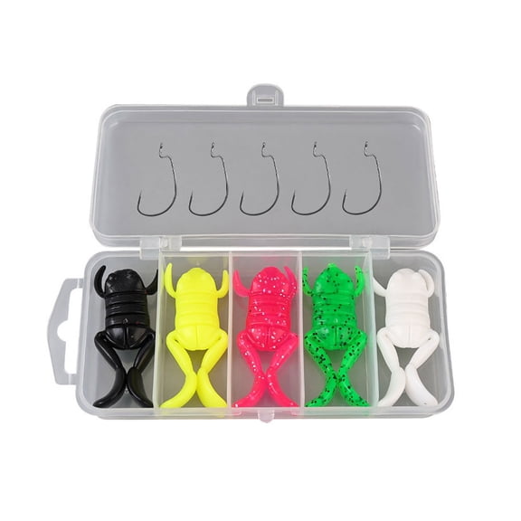 5Pcs Floating Frog Soft Fishing Lures with 5Pcs Crank Hooks, High Elastic TPE Kick Action Swimbait for Freshwater Snakehead Fishing